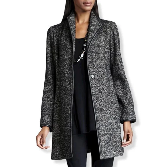 ⚜️ EILEEN FISHER ⚜️ sz L black tweed & leather lighter coat jacket transitional - Picture 2 of 11